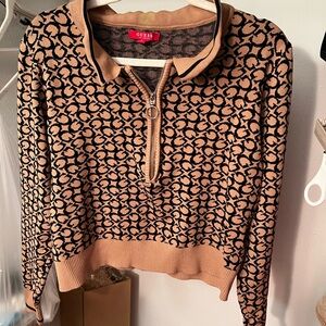 GUESS Women's Tan and Black Patterned Top